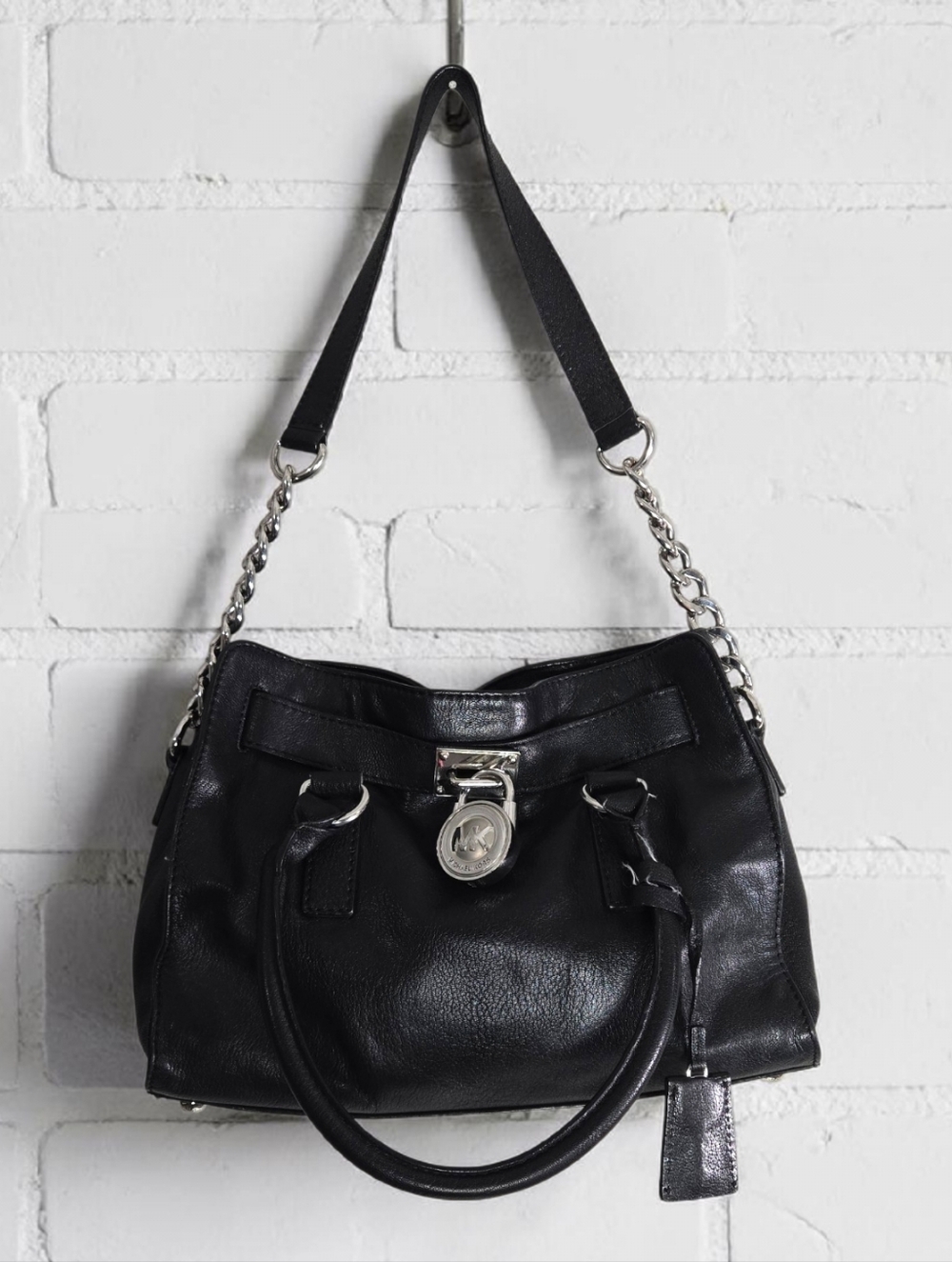 MICHAEL Kors Hamilton Black Leather Tote Bag MK Padlock Shoulder Handle Satchel